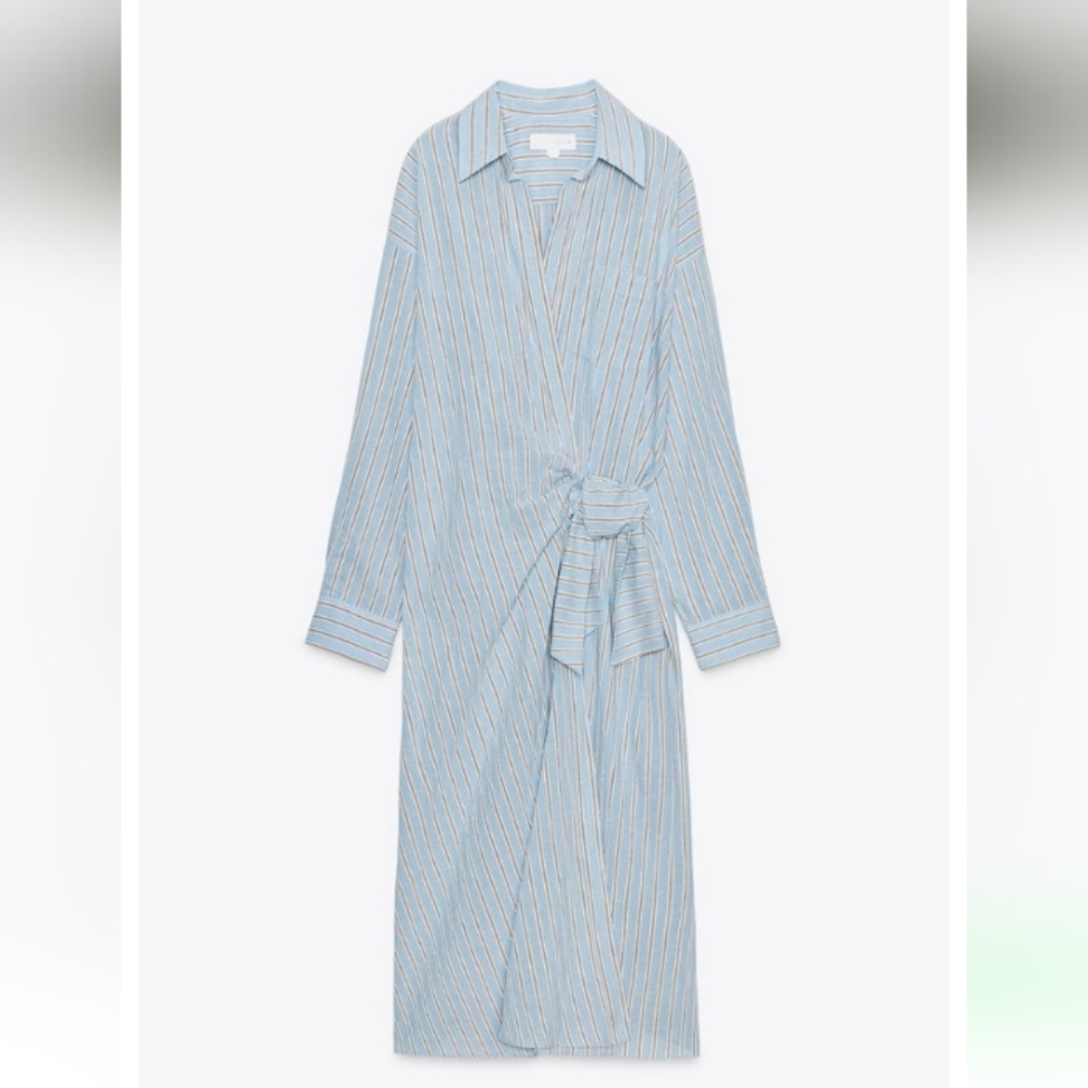 Zara Zw Collection Blue and White Striped Wrap Cotton Midi Dress Sz-L